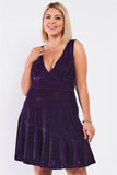 Plus Size Purple Velvet Deep Plunge V-neck Swing Bottom Mini Dress - BE LOGO