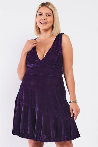 Plus Size Purple Velvet Deep Plunge V-neck Swing Bottom Mini Dress - BE LOGO