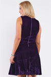 Plus Size Purple Velvet Deep Plunge V-neck Swing Bottom Mini Dress - BE LOGO