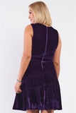 Plus Size Purple Velvet Deep Plunge V-neck Swing Bottom Mini Dress - BE LOGO