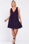 Plus Size Purple Velvet Deep Plunge V-neck Swing Bottom Mini Dress - BE LOGO