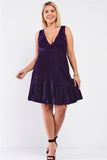 Plus Size Purple Velvet Deep Plunge V-neck Swing Bottom Mini Dress - BE LOGO