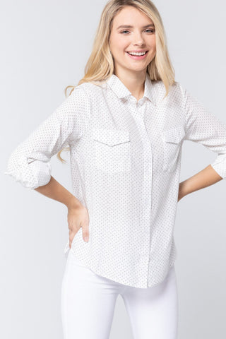 Off White Roll Up Long Sleeve Polka Dot Print Top - BE LOGO