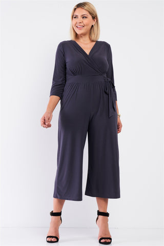 Plus Size Plunging V-neck Wide Leg Midi Jumpsuit - BE LOGO