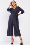 Plus Size Plunging V-neck Wide Leg Midi Jumpsuit - BE LOGO