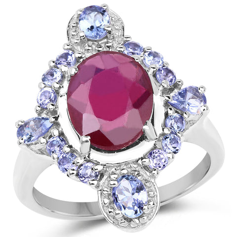 4.14 Carat Glass Filled Ruby and Tanzanite .925 Sterling Silver Ring - Beaming Expressions